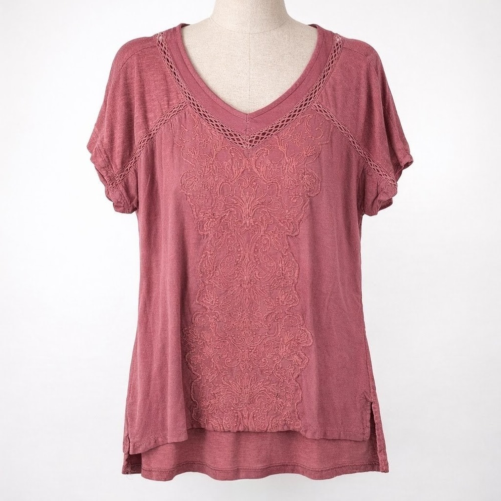 Y2K Embroidered Crochet Lace Top Size M Mauve‎ Short Sleeve Boho Indie Granola